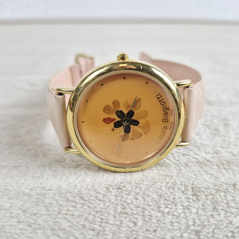 Laura Biagiotti Womens Swiss Quartz Watch Pink Leather Gold Floral 37mm Read*